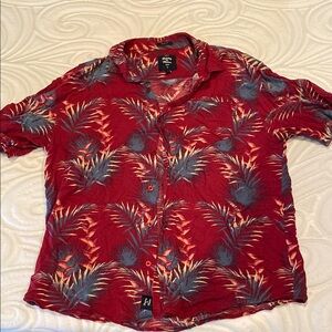 Red and Blue Casual Button Down Shirt with Tropical Print